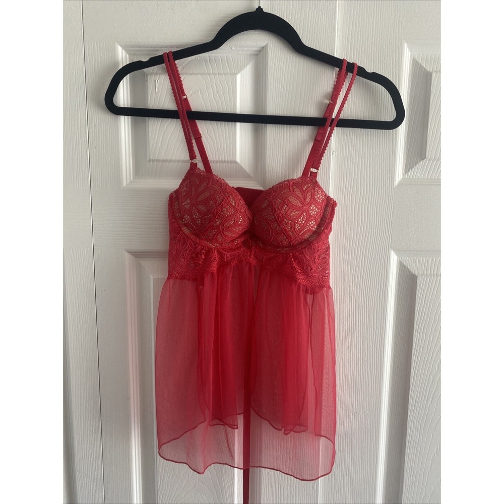 Victorias Secret Womens 32B‎ Red Lace Lingerie Babydoll Chemise Teddie
